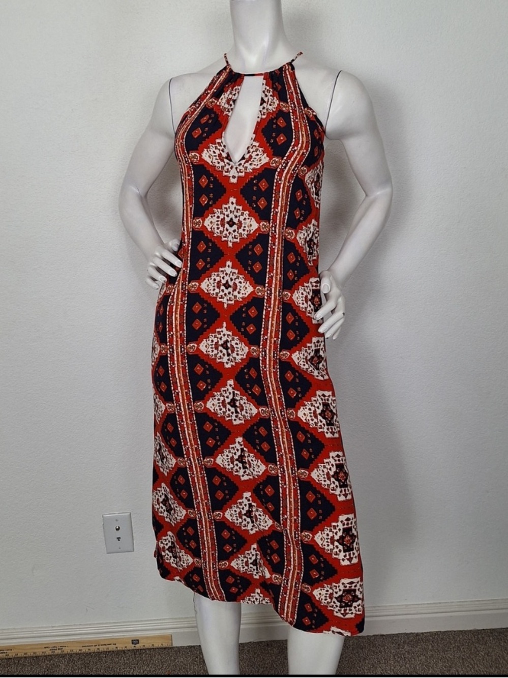 Eight Sixty Red & Navy Blue Geometric Print Boho Halter Dress Midi Dress Size S